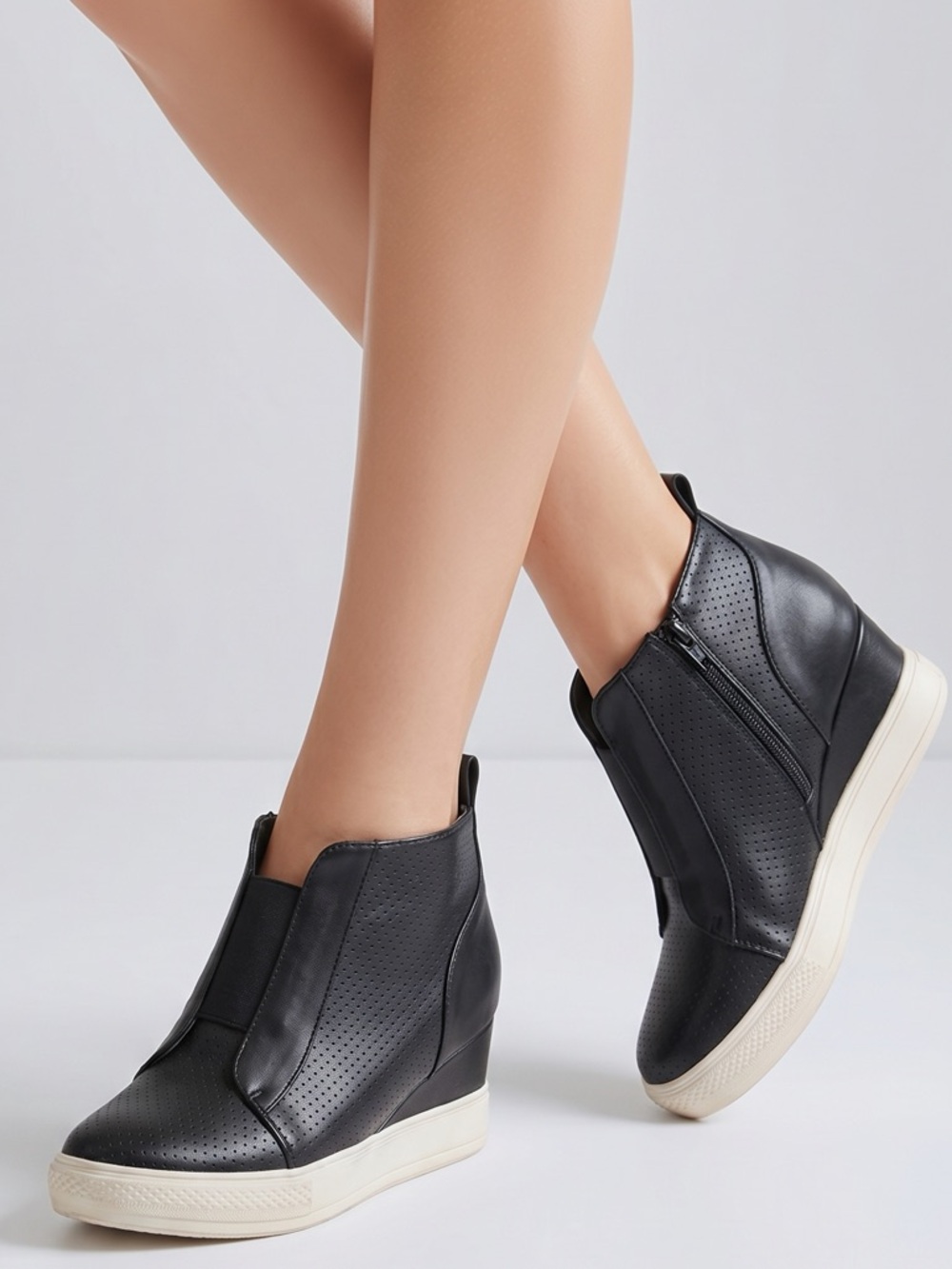 WANTED woman’s black booties ankle boots side zip‎ perforated wedge shoe size 10